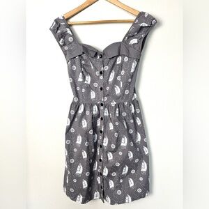 Sourpuss Retro Pinup Mini Dress Gray Sailing‎ Ships Nautical Beach Size Medium